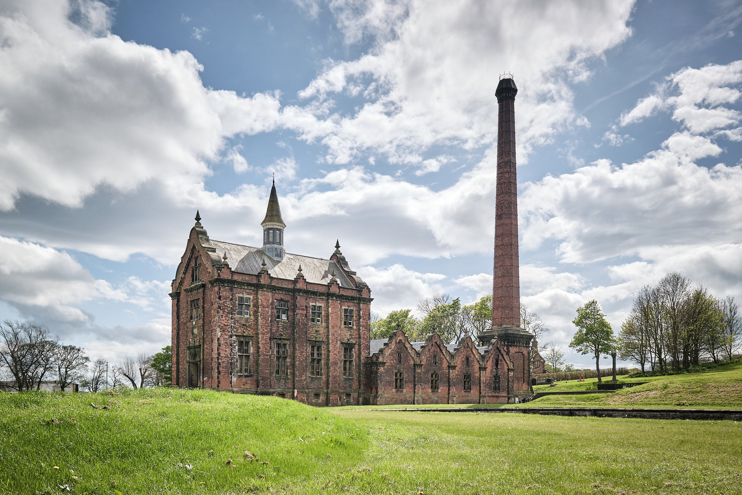 Victorian Ryhope pumping station and chimney under a blue spring sky